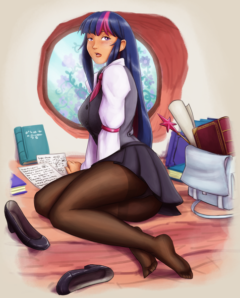 Size: 2496x3096 | Tagged: artist:eve-ashgrove, artist:king-kakapo, bag, blue hair, blushing, book, book bag, breasts, cameltoe, clothes, colored, cute, day, derpibooru import, feet, female, flower, golden oaks library, high heels, homework, human, humanized, indoors, legs, long hair, looking at you, looking back, looking back at you, moe, multicolored hair, necktie, panties, pantyhose, paper, pink hair, pleated skirt, purple hair, questionable, school uniform, shoes, skirt, skirt lift, solo, solo female, stocking feet, twilight sparkle, underwear, upskirt, vest, wand, white underwear, window