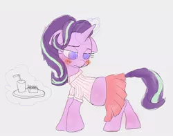 Size: 734x579 | Tagged: safe, artist:noupu, derpibooru import, starlight glimmer, pony, unicorn, blushing, chubby, clothes, fastfood restaurant, food, french fries, glowing horn, serving, soda, solo, uniform, working