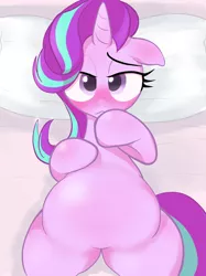 Size: 1535x2048 | Tagged: safe, artist:noupu, derpibooru import, starlight glimmer, pony, unicorn, bed, blushing, chubby, lying down, on back, pillow, solo