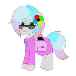 Size: 2000x2000 | Tagged: safe, artist:exhumed legume, derpibooru import, oc, oc:pegasus spectra (old), unofficial characters only, earth pony, pony, 2018 community collab, derpibooru community collaboration, clothes, hoodie, looking at you, saddle bag, simple background, solo, sunglasses, transparent background