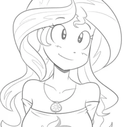 Size: 500x500 | Tagged: dead source, safe, artist:reiduran, derpibooru import, sunset shimmer, equestria girls, breasts, bust, busty sunset shimmer, cute, female, geode of empathy, grayscale, jewelry, long hair, monochrome, necklace, pendant, shimmerbetes, shoulderless, simple background, solo, strapless, white background