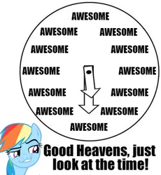 Size: 418x455 | Tagged: clock, derpibooru import, image macro, just look at the time, meme, rainbow dash, safe, solo, text, time to be awesome