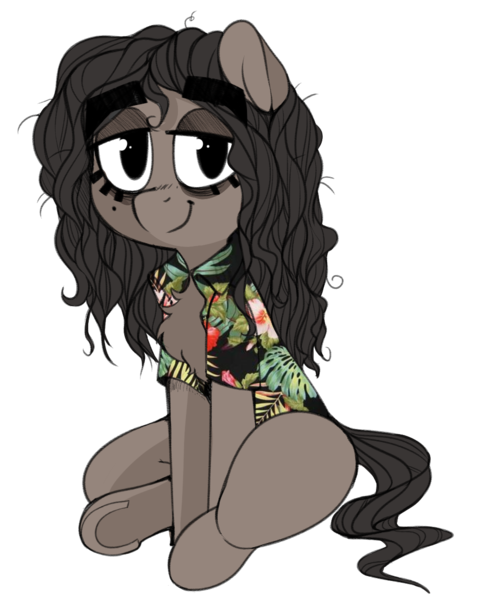 Size: 1003x1251 | Tagged: safe, artist:whydomenhavenipples, derpibooru import, oc, oc:nips, unofficial characters only, earth pony, pony, 2018 community collab, derpibooru community collaboration, chest fluff, clothes, earth pony oc, floral, hawaiian shirt, shirt, simple background, sitting, solo, transparent background, underhoof