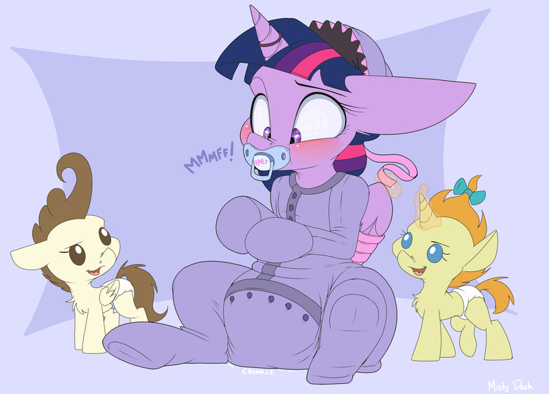 Size: 4011x2884 | Tagged: questionable, artist:mistydash, derpibooru import, pound cake, pumpkin cake, twilight sparkle, twilight sparkle (alicorn), alicorn, pony, adult foal, babied, blushing, bondage, bonnet, bound wings, cake twins, chest fluff, cute, diaper, diaper fetish, fetish, foal, footed sleeper, glowing horn, horn ring, magic, magic suppression, muffled moaning, onesie, pacifier, pacifier gag, ribbon, telekinesis, twiabetes