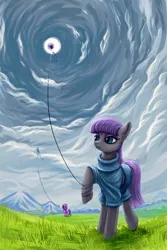 Size: 900x1350 | Tagged: safe, artist:kovoranu, derpibooru import, maud pie, starlight glimmer, earth pony, pony, unicorn, duo, field, kite, kite flying, solo focus, that pony sure does love kites, vertigo