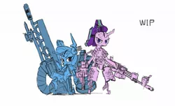 Size: 2047x1243 | Tagged: safe, artist:satv12, derpibooru import, starlight glimmer, trixie, android, pony, robot, robot pony, duo, female, glimmerbot, gun, gynoid, mecha, mechanic, weapon, wip