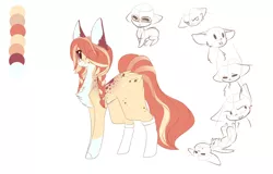 Size: 1024x657 | Tagged: safe, artist:little-sketches, derpibooru import, oc, oc:hachimitsu, unofficial characters only, butt fluff, chest fluff, clothes, female, hair over one eye, huge ears, pale belly, pinto, reference sheet, socks, socks (coat marking), solo