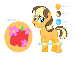 Size: 1180x880 | Tagged: safe, artist:thesmall-artist, derpibooru import, oc, oc:apple flower, unofficial characters only, earth pony, pony, female, mare, offspring, parent:applejack, parent:caramel, parents:carajack, reference sheet, simple background, solo, transparent background