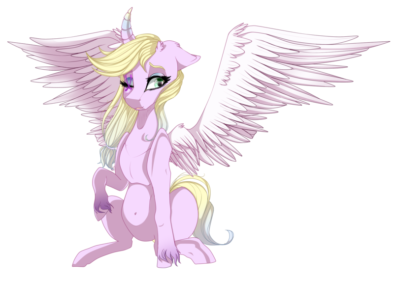 Size: 2007x1435 | Tagged: safe, artist:xxmissteaxx, derpibooru import, oc, oc:pastel feather, unofficial characters only, alicorn, pony, curved horn, female, mare, simple background, sitting, solo, transparent background