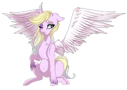 Size: 2007x1435 | Tagged: safe, artist:xxmissteaxx, derpibooru import, oc, oc:pastel feather, unofficial characters only, alicorn, pony, curved horn, female, mare, simple background, sitting, solo, transparent background