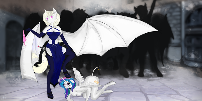 Size: 4000x2000 | Tagged: grimdark, questionable, artist:silviawing, derpibooru import, princess celestia, oc, oc:albi light wing, anthro, bat pony, unguligrade anthro, abuse, albino, assisted exposure, bat wings, breasts, celestiabuse, clothed female nude female, clothed male nude female, clothes, clothing theft, crowd, domination, embarrassed, embarrassed nude exposure, exhibitionism, female, femdom, femsub, humiliation, nightpony, nudity, panties, pet tag, pink underwear, public humiliation, public nudity, shaved tail, stockings, sublestia, submissive, thigh highs, underwear, weapon