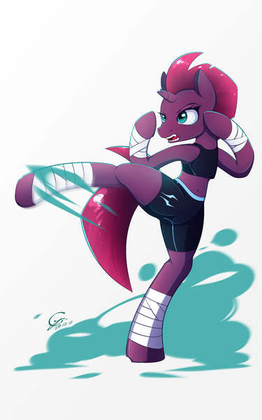 Size: 1200x1920 | Tagged: safe, artist:laptop-pone, derpibooru import, tempest shadow, pony, semi-anthro, unicorn, my little pony: the movie, broken horn, clothes, eye scar, female, kickboxing, kicking, mare, open mouth, scar, solo