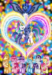 Size: 3500x5000 | Tagged: safe, artist:aiyanmanno, derpibooru import, applejack, fluttershy, nightmare moon, pinkie pie, princess luna, rainbow dash, rarity, twilight sparkle, twilight sparkle (alicorn), alicorn, pony, alicornified, applecorn, eyes closed, fluttercorn, high res, magic, mane six alicorns, pinkiecorn, race swap, rainbowcorn, raricorn, s1 luna, xk-class end-of-the-world scenario