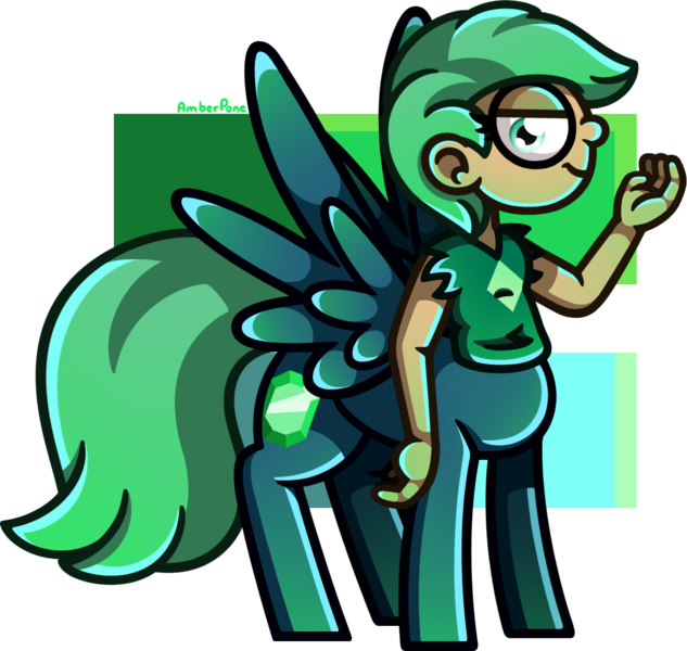 Size: 1339x1270 | Tagged: safe, artist:amberpone, derpibooru import, oc, oc:emerald, unofficial characters only, centaur, pegasus, pony, adult, blue, blue eyes, cel shading, clothes, commission, cutie mark, digital art, emerald, equal sign, eyes open, female, fingers, gem, green, green hair, hooves, lighting, long tail, looking at you, mare, original character do not steal, paint tool sai, shading, shirt, short hair, simple background, smiling, solo, standing, tail, transparent background, weird, wings