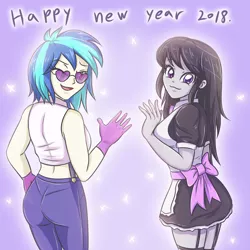 Size: 2952x2952 | Tagged: safe, artist:sumin6301, derpibooru import, octavia melody, vinyl scratch, equestria girls, clothes, costume, duo, female, glasses, gloves, happy new year 2018, heart, looking at you, looking back, looking back at you, maid, octamaid, one eye closed, wink