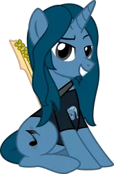 Size: 2600x3938 | Tagged: safe, artist:metalhead97, derpibooru import, trixie, oc, oc:metalhead, pony, 2018 community collab, derpibooru community collaboration, clothes, guitar, long hair, looking at you, music notes, musician, semiquaver, shirt, simple background, sitting, solo, transparent background