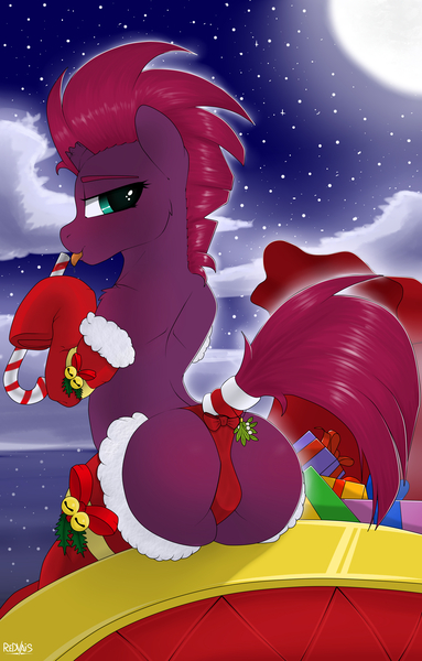 Size: 3000x4700 | Tagged: questionable, artist:redvais, derpibooru import, tempest shadow, pony, my little pony: the movie, backbend, bells, blushing, broken horn, candy, candy cane, christmas, clothes, female, food, holiday, kiss my ass, licking, looking at you, looking back, looking back at you, mare, mistletoe abuse, night, panties, plot, rcf community, rear view, sitting, solo, solo female, stockings, tail wrap, tempass, thigh highs, tongue out, underwear