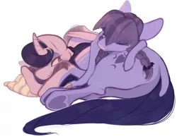 Size: 890x700 | Tagged: safe, artist:bananasmores, derpibooru import, inky rose, moonlight raven, pegasus, pony, unicorn, butt pillow, female, inkyraven, lesbian, lying down, mare, pillow, shipping, side, simple background, underhoof