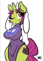 Size: 606x866 | Tagged: safe, artist:bbsartboutique, derpibooru import, oc, oc:arcade fever, unofficial characters only, anthro, unicorn, big breasts, breasts, clothes, cosplay, costume, futa, horn, intersex, one eye closed, simple background, solo, toriel, undertale, white background, wink