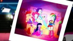 Size: 1366x768 | Tagged: safe, derpibooru import, screencap, applejack, fluttershy, pinkie pie, rainbow dash, rarity, twilight sparkle, a photo booth story, eqg summertime shorts, equestria girls, fall formal outfits, humane five, humane six, mane six, photographs