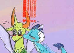 Size: 1400x1000 | Tagged: safe, artist:zouyugi, derpibooru import, princess ember, thorax, changedling, changeling, dragon, embrax, female, interspecies, king thorax, kissing, male, shipping, straight