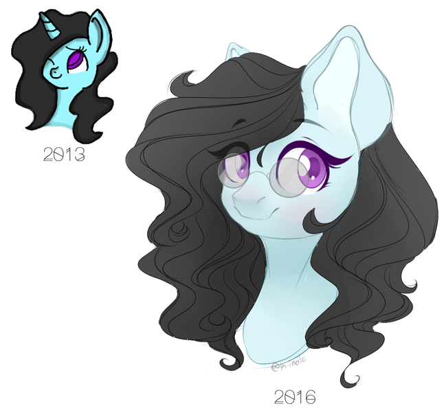 Size: 1400x1300 | Tagged: safe, artist:k-indle, derpibooru import, oc, unofficial characters only, earth pony, pony, unicorn, blushing, bust, female, glasses, mare, one eye closed, portrait, redraw, simple background, smiling, solo, white background