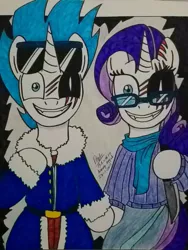 Size: 722x960 | Tagged: artist needed, semi-grimdark, derpibooru import, rarity, oc, unofficial characters only, unicorn, lil-miss rarity, bipedal, clothed ponies, clothes, creepy, darkness, duo, grin, knife, scarf, scary, scary face, smiley face, smiling, traditional art, yandere, yanderity