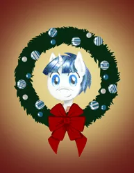 Size: 2550x3300 | Tagged: safe, artist:flutterluv, derpibooru import, stygian, pony, unicorn, christmas wreath, male, smiling, solo, stallion, wreath