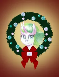 Size: 2550x3300 | Tagged: safe, artist:flutterluv, derpibooru import, mistmane, pony, unicorn, christmas wreath, curved horn, female, mare, smiling, solo, wreath