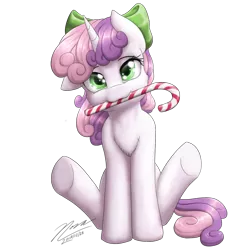 Size: 1024x1024 | Tagged: safe, artist:novaintellus, derpibooru import, sweetie belle, pony, unicorn, adult, bow, bowtie, candy, candy cane, chest fluff, cute, diasweetes, female, filly, food, hair bow, horn, looking at you, mare, mouth hold, simple background, sitting, solo, transparent background