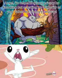 Size: 600x750 | Tagged: angel bunny, artist:tonyfleecs, context is for the weak, derpibooru import, edit, hub logo, idw, keep calm and flutter on, legends of magic, meme, muscles, rabbit, safe, screaming, screencap, spoiler:comic, spoiler:comiclom9, squirrel, text edit, the fairly oddparents