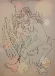 Size: 1836x2512 | Tagged: safe, artist:noselfpreservation, derpibooru import, sunset shimmer, twilight sparkle, twilight sparkle (alicorn), alicorn, human, equestria girls, blushing, book, chair, female, horned humanization, humanized, imminent kissing, lesbian, magic, monochrome, shipping, sitting on person, sunsetsparkle, traditional art, winged humanization, wings