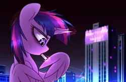 Size: 2232x1452 | Tagged: safe, artist:php69, derpibooru import, twilight sparkle, twilight sparkle (alicorn), alicorn, pony, broken horn, building, cigarette, city, cracked horn, engrish, female, hat, lidded eyes, mare, night, sign, smoking, solo, spread wings, wing hands, wings