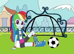 Size: 2337x1700 | Tagged: safe, artist:equestriaguy637, derpibooru import, rainbow dash, equestria girls, ball, boots, building, canterlot high, clothes, cutie mark on clothes, female, fence, football, goal post, grass, house, looking at you, mountain, shoes, sitting, smiling, soccer field, solo, sports, tree, wristband