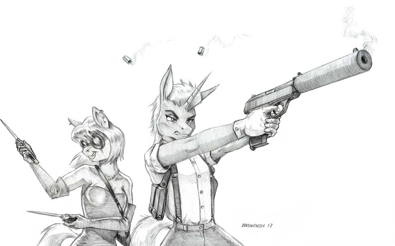 Size: 1600x996 | Tagged: safe, artist:baron engel, derpibooru import, photo finish, zesty gourmand, anthro, earth pony, unicorn, armpits, clothes, female, grayscale, handgun, knife, lesbian, mare, monochrome, pencil drawing, shipping, simple background, sketch, smiling, traditional art, white background, zestyfinish