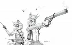 Size: 1600x996 | Tagged: safe, artist:baron engel, derpibooru import, photo finish, zesty gourmand, anthro, earth pony, unicorn, armpits, clothes, female, grayscale, handgun, knife, lesbian, mare, monochrome, pencil drawing, shipping, simple background, sketch, smiling, traditional art, white background, zestyfinish