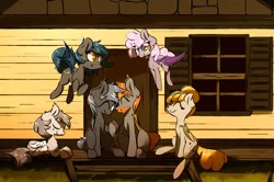 Size: 2155x1435 | Tagged: safe, artist:bloodatius, derpibooru import, oc, oc:angel tears, oc:brick kindler, oc:luca, oc:nuke, oc:sirocca, oc:speck, unofficial characters only, bat pony, pegasus, pony, angelkindler, bat pony oc, cabin, family, family photo, father and daughter, female, group, group photo, group shot, husband and wife, male, married couple, mother and daughter, smiling, speke