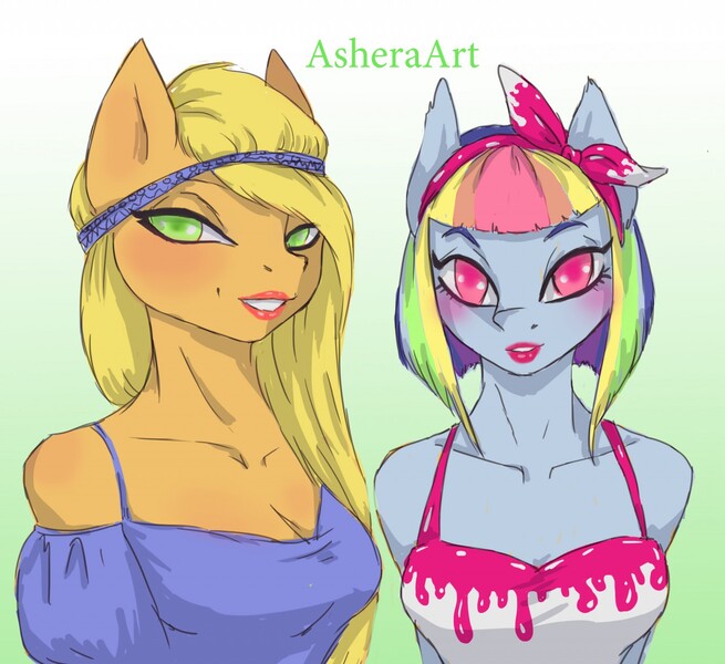 Size: 1280x1172 | Tagged: safe, artist:asheraart, derpibooru import, applejack, rainbow dash, anthro, blushing, lipstick, looking at you, mascara, raised eyebrows