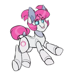 Size: 780x835 | Tagged: safe, artist:mimisaurusrex, derpibooru import, oc, oc:miu bot, unofficial characters only, pony, robot, robot pony, female, looking at you, mare, power button, running, simple background, solo, tongue out, transparent background