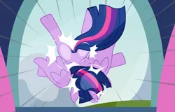 Size: 4772x3058 | Tagged: safe, artist:badumsquish, derpibooru import, twilight sparkle, twilight sparkle (alicorn), alicorn, pony, action pose, against glass, behaving like a bird, crash, crashlight, curtain, female, floppy ears, glass, majestic as fuck, mare, plot, purple smart, show accurate, silly, silly pony, solo, speed lines, spread wings, twibutt, twilight's castle, window, wings
