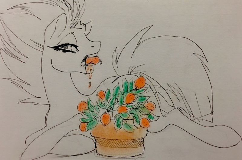 Size: 1280x844 | Tagged: safe, artist:candasaurus, derpibooru import, tempest shadow, pony, my little pony: the movie, eating, herbivore, horses doing horse things, kumquat, messy eating, solo, traditional art