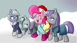 Size: 1600x900 | Tagged: safe, artist:yakoshi, derpibooru import, limestone pie, marble pie, maud pie, pinkie pie, earth pony, pony, christmas, clothes, coat, eyes closed, female, hat, holiday, mare, open mouth, pie sisters, raised hoof, santa hat, scarf, siblings, sisters, smiling, snow