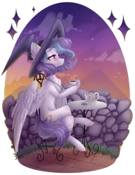 Size: 1330x1712 | Tagged: safe, artist:monogy, derpibooru import, oc, oc:shylu, unofficial characters only, pegasus, pony, cookie, cup, female, food, hat, mare, simple background, solo, teacup, teapot, transparent background, twilight (astronomy), witch hat