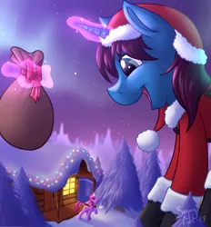Size: 1188x1280 | Tagged: safe, artist:sugaryviolet, derpibooru import, oc, oc:altus bastion, oc:sugary violet, unofficial characters only, pony, cabin, christmas, clothes, cropped, giant pony, giant unicorn, hat, holiday, house, levitation, macro, magic, open mouth, sack, santa hat, telekinesis