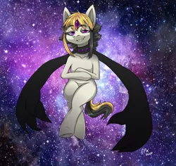 Size: 1274x1205 | Tagged: artist:trojan-pony, choker, collar, crossed legs, derpibooru import, enhanced ponies, grin, lidded eyes, looking at you, oc, oc:ren, pony bigger than a galaxy, safe, semi-anthro, sharp teeth, smiling, solo, space, stars, teeth, underhoof, unofficial characters only