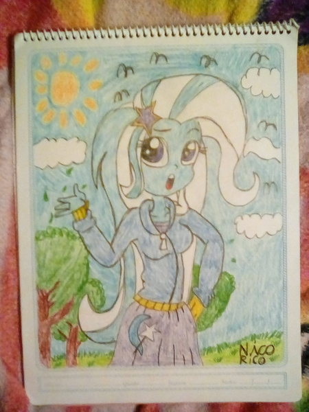 Size: 1200x1600 | Tagged: safe, artist:nicknick22, derpibooru import, trixie, equestria girls, cloud, solo, sun, traditional art, tree