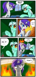 Size: 1700x3600 | Tagged: safe, artist:elmutanto, derpibooru import, part of a set, lyra heartstrings, oc, oc:raribot, pony, robot, robot pony, unicorn, chocolate, chocolate milk, comic, duo, duo female, female, fire, milk, part of a series, pure unfiltered evil, table