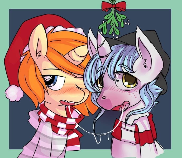 Size: 1072x932 | Tagged: suggestive, artist:trojan-pony, derpibooru import, oc, oc:pencil smoker, oc:whoop, unofficial characters only, pony, unicorn, blushing, christmas, clothes, drool, drool string, fedora, gay, hat, holiday, horn, kissing, male, mistletoe, oc x oc, one eye closed, santa hat, scarf, shipping, sloppy kissing, snow, snowflake, unicorn oc, wingding eyes, wink