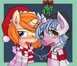 Size: 1072x932 | Tagged: suggestive, artist:trojan-pony, derpibooru import, oc, oc:pencil smoker, oc:whoop, unofficial characters only, pony, unicorn, blushing, christmas, clothes, drool, drool string, fedora, gay, hat, holiday, horn, kissing, male, mistletoe, oc x oc, one eye closed, santa hat, scarf, shipping, sloppy kissing, snow, snowflake, unicorn oc, wingding eyes, wink