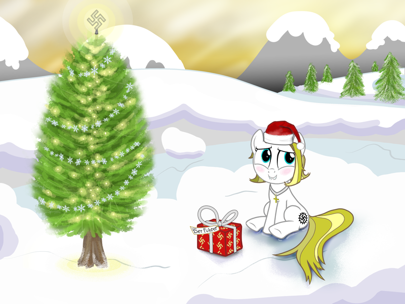 Size: 1500x1125 | Tagged: artist:hoofwaffe, aryan pony, blushing, christianity, christmas, christmas tree, derpibooru import, hat, holiday, lip bite, mountain, mountain range, nazi, oc, oc:natalie soc, safe, santa hat, sitting, solo, swastika, tree, unofficial characters only, winter